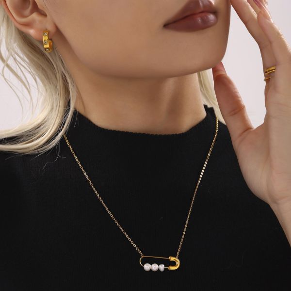 鈦鋼 金色別針天然素材項鍊 