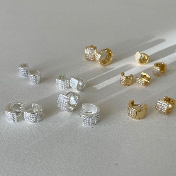 925銀針 歐美寬版小圈滿鑽耳扣 