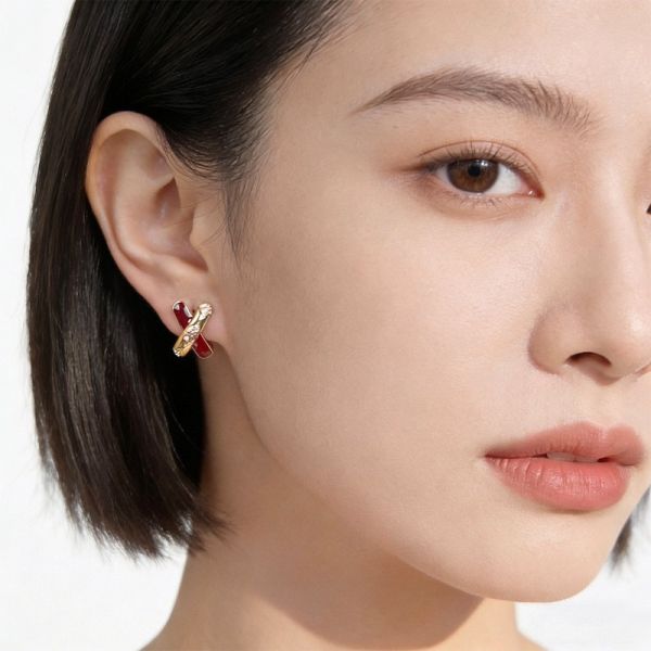 925銀針 微鑲鋯石紅棕X型耳環 