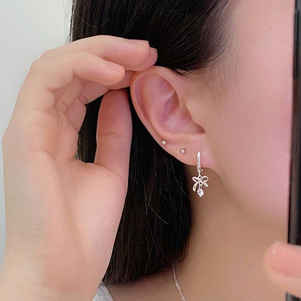 925純銀 滴狀鋯石蝴蝶結吊墜耳扣 