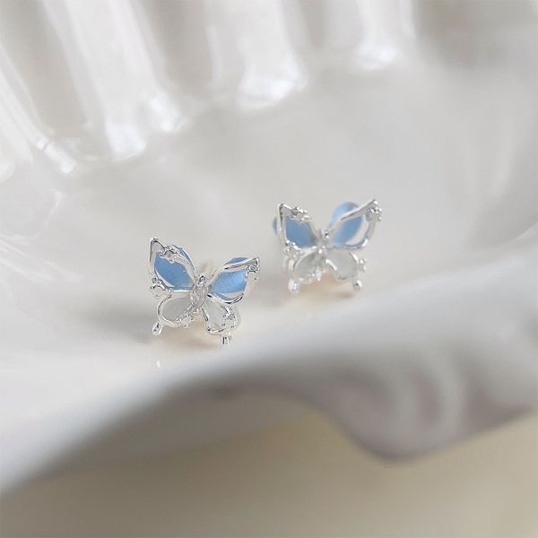 925銀針 藍玻璃貓眼石蝴蝶耳環 