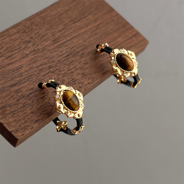 925銀針 珐瑯滴釉虎眼石C型耳環 