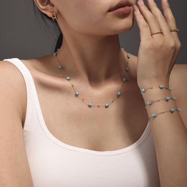 鈦鋼 金色天然石細版手鍊 