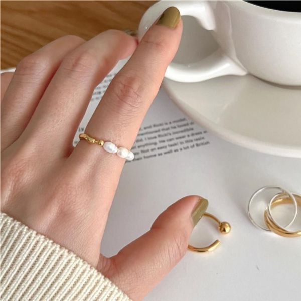 925純銀 個性小眾淡水珍珠拼接戒指 925純銀,純銀飾品,戒指,珍珠戒指
