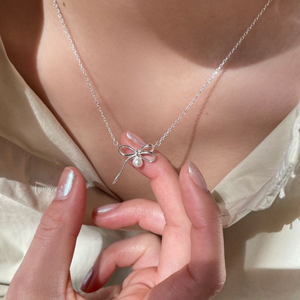 925純銀 不對稱珍珠蝴蝶結綁帶項鍊 