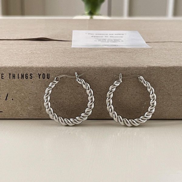 925銀針 復古粗麻花素圈耳扣 