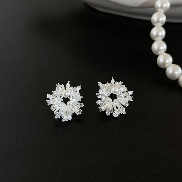 925銀針 不規則環形鋯石珍珠耳環 