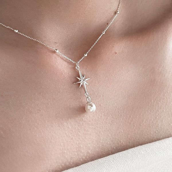 925純銀 八芒星珍珠流蘇吊墜項鍊 
