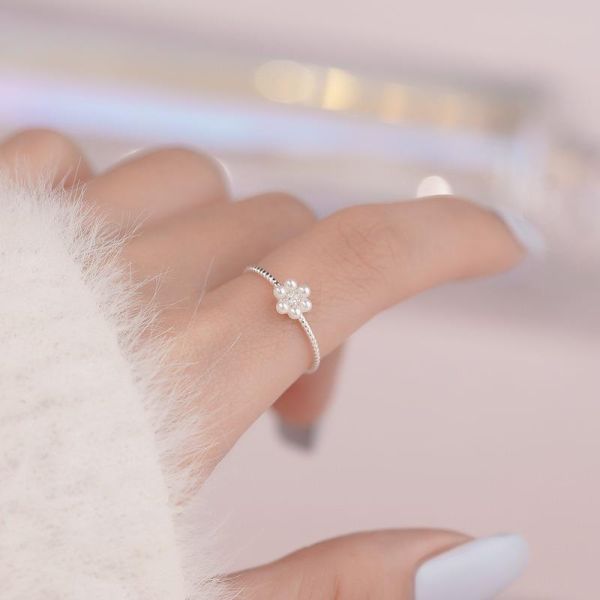 925純銀 珍珠微鑲鋯石小花戒指 