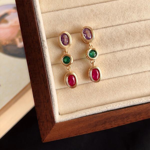 925銀針 三色微鑲鋯石長耳環 