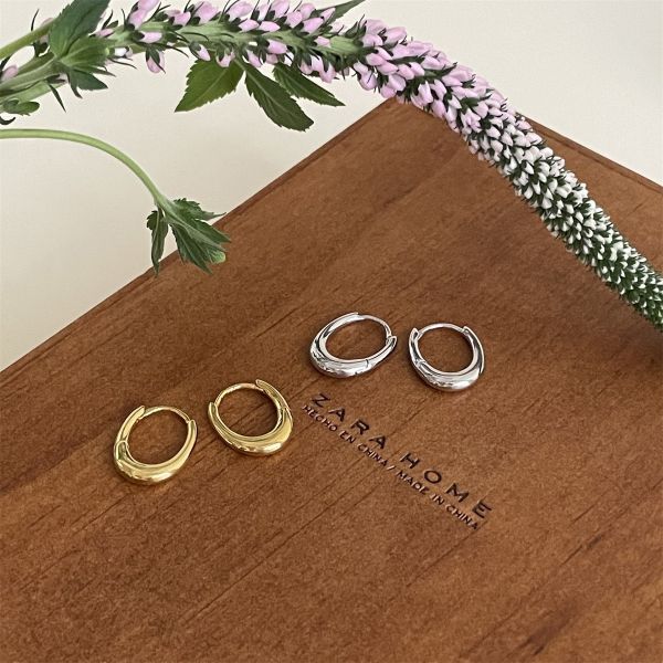 925銀針 極簡素色小橢圓耳扣 