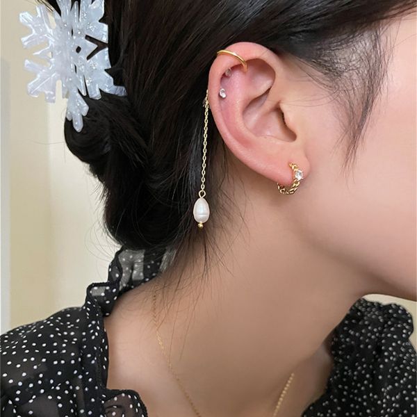 925銀針 微鑲方鋯鏈條造型耳扣 