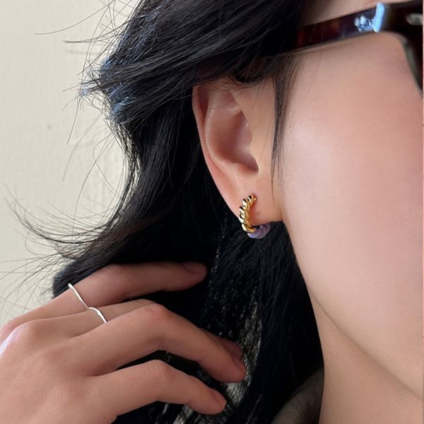 925銀針 Ｃ字麻花撞色耳環 