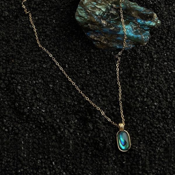 銅鍍14K金 鮑魚貝長方吊墜項鍊 