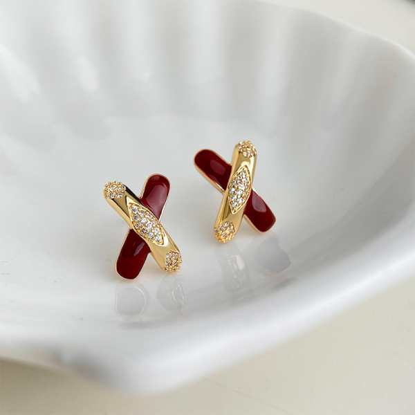 925銀針 微鑲鋯石紅棕X型耳環 