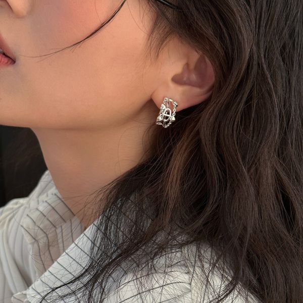 925銀針 多層鏤空線條C型耳環 