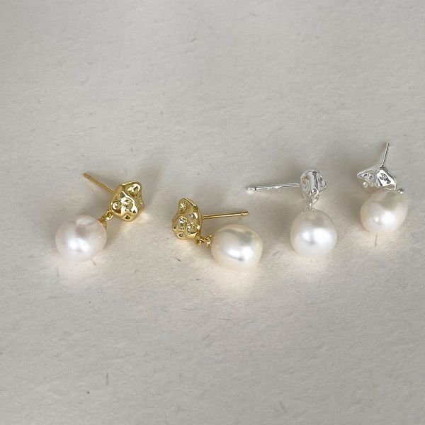 925銀針 不規則塊狀天然珍珠耳環 