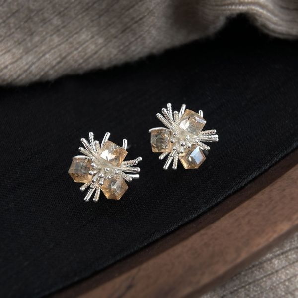 925銀針 淡金玻璃冰花耳環 