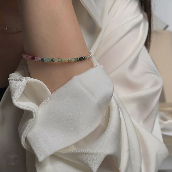 925純銀 天然碧璽碎銀手鍊 