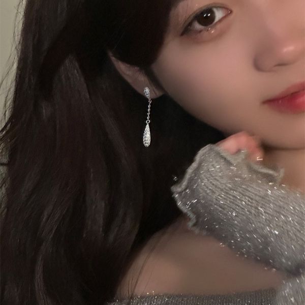 925銀針 長型碎鑽水滴吊墜耳環 