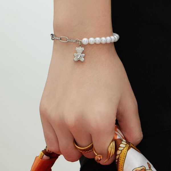 鈦鋼18K金 貝珠拼接愛心小熊手鍊 