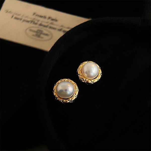 925銀針 刻紋包邊天然珍珠耳環 