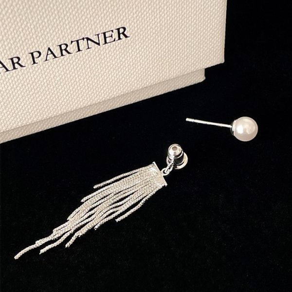 925銀針 珍珠後掛長流蘇耳環 