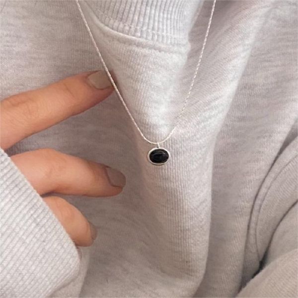 925純銀 不易打結橢圓黑瑪瑙項鍊 