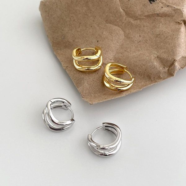 925銀針 雙層方圓線條耳扣 