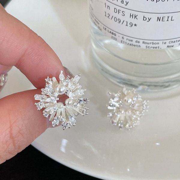 925銀針 不規則環形鋯石珍珠耳環 