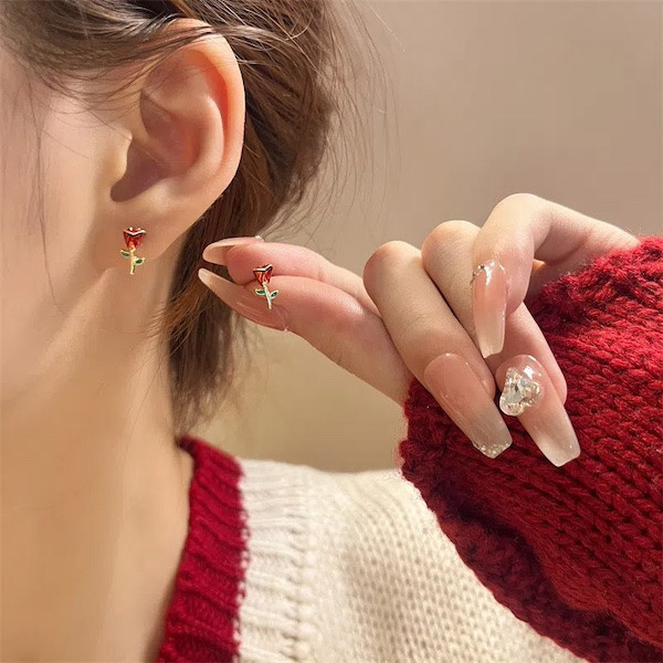 925銀針 清透琉璃紅玫瑰耳環 