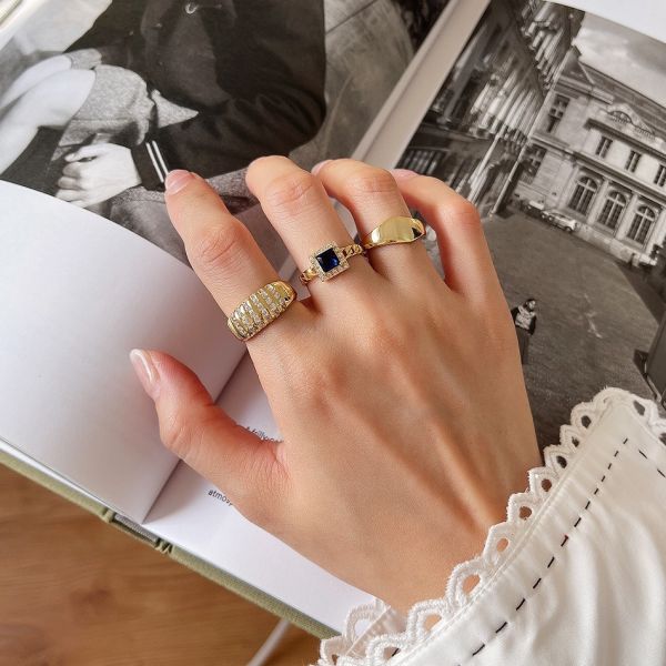 925純銀 方形深藍鋯鑽鎖鍊戒 