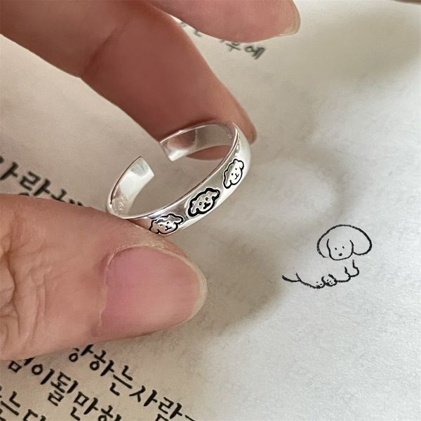 925純銀 手繪線條快樂小狗戒指 