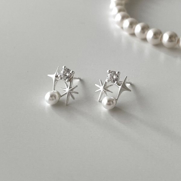 925銀針 鋯石八芒星珍珠耳環 