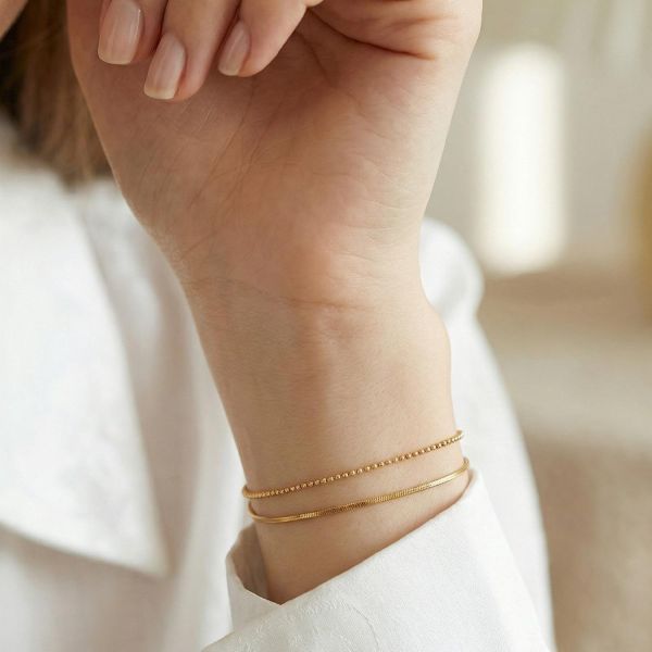 鈦鋼18K金 雙層圓珠蛇頸手鍊 