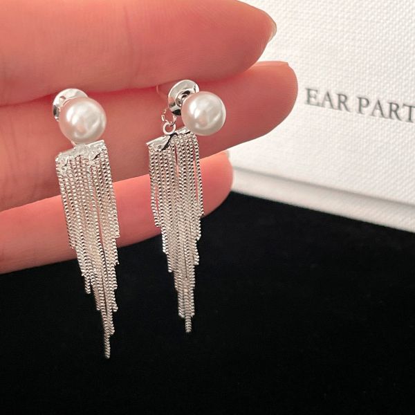 925銀針 珍珠後掛長流蘇耳環 