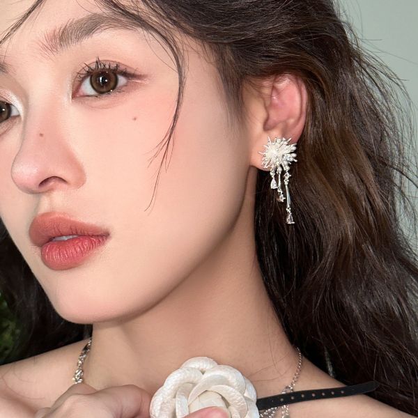 925銀針 不規則煙花鋯石流蘇耳環 