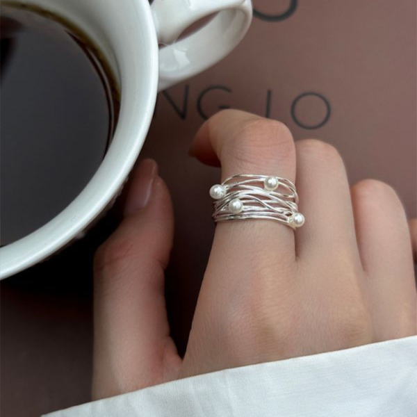 925純銀 多層纏繞珍珠戒指 
