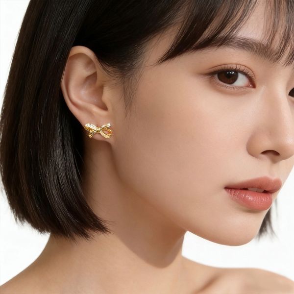 925銀針 微鑲鋯石蝴蝶結耳環 