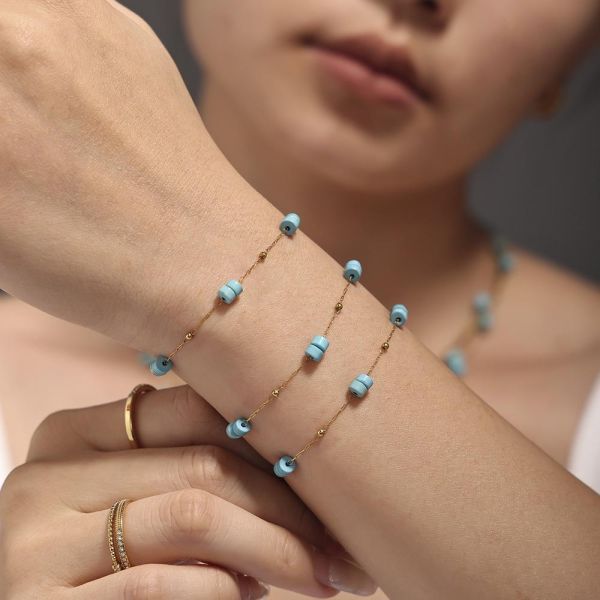 鈦鋼 金色天然石細版手鍊 