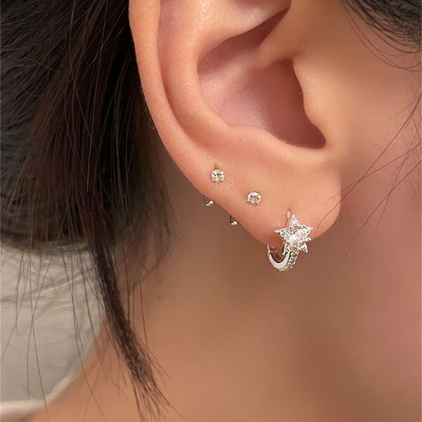 925銀針 星形微鑲鋯石耳扣 