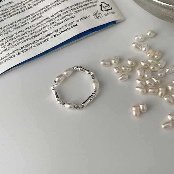 925純銀 天然淡水珍珠碎銀彈性戒指 