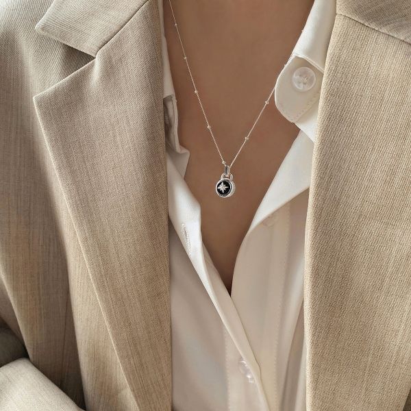 925純銀 個性八芒星圓形吊墜項鍊 