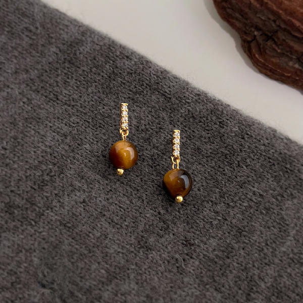 925銀針 微鑲鋯石虎眼石耳環 