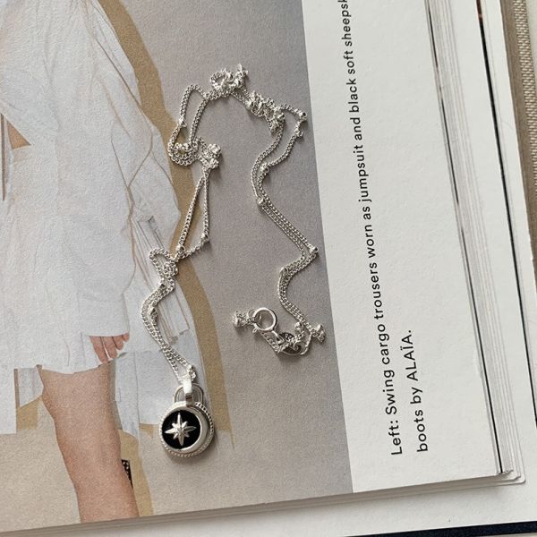 925純銀 個性八芒星圓形吊墜項鍊 