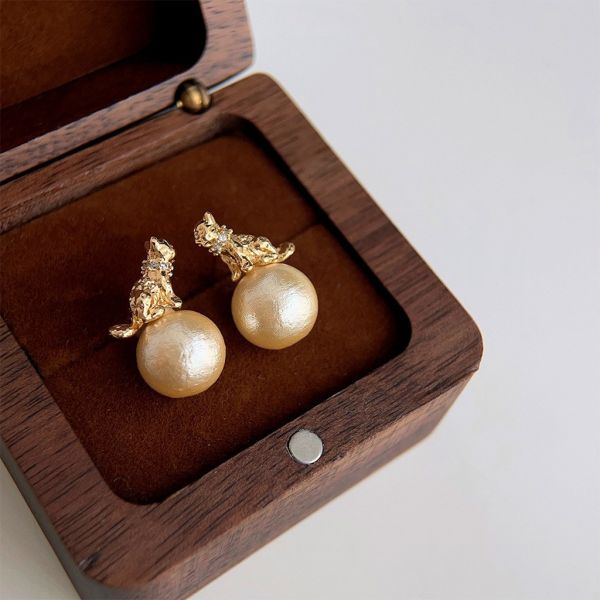 925銀針 棉花珍珠貓咪耳環 