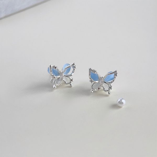 925銀針 藍玻璃貓眼石蝴蝶耳環 