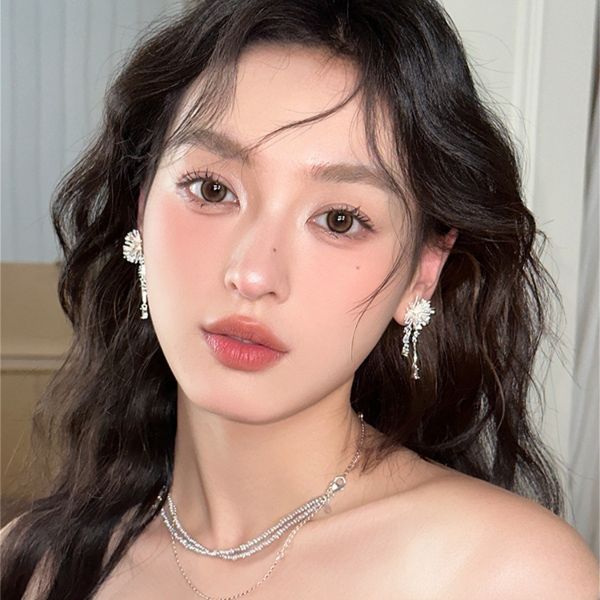 925銀針 不規則煙花鋯石流蘇耳環 