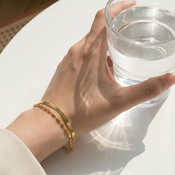 鈦鋼18K金 雙層寬版蛇頸手鍊 