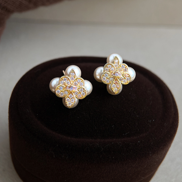 925銀針 珍珠拼接鳶尾花耳環 